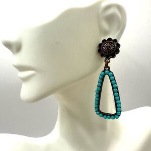 Blue beaded and copper tone drop post earrings
